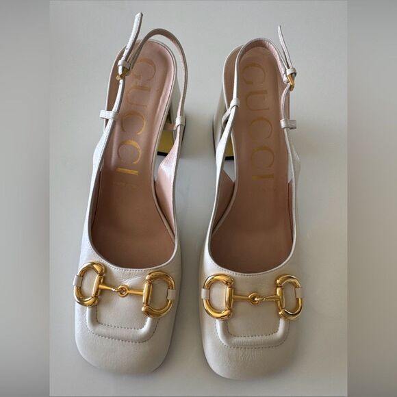 GUCCI Baby Horsebit Slingback Block Heel Pump White Ivory Size EU 40.5 US 10.5 - Picture 1 of 8